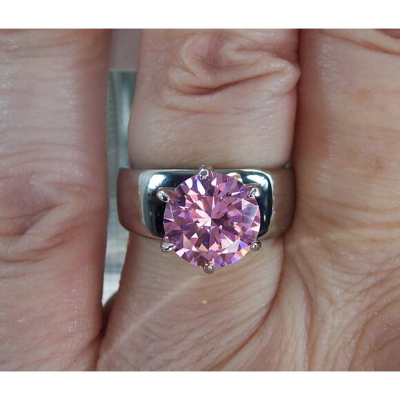 STAINLESS STEEL Simulated Pink Sapphire Solitaire Band Ring - Picture 11 of 16
